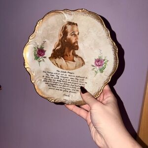 Decorative Plate with Religious Art and Gold Trim Prayer Decor